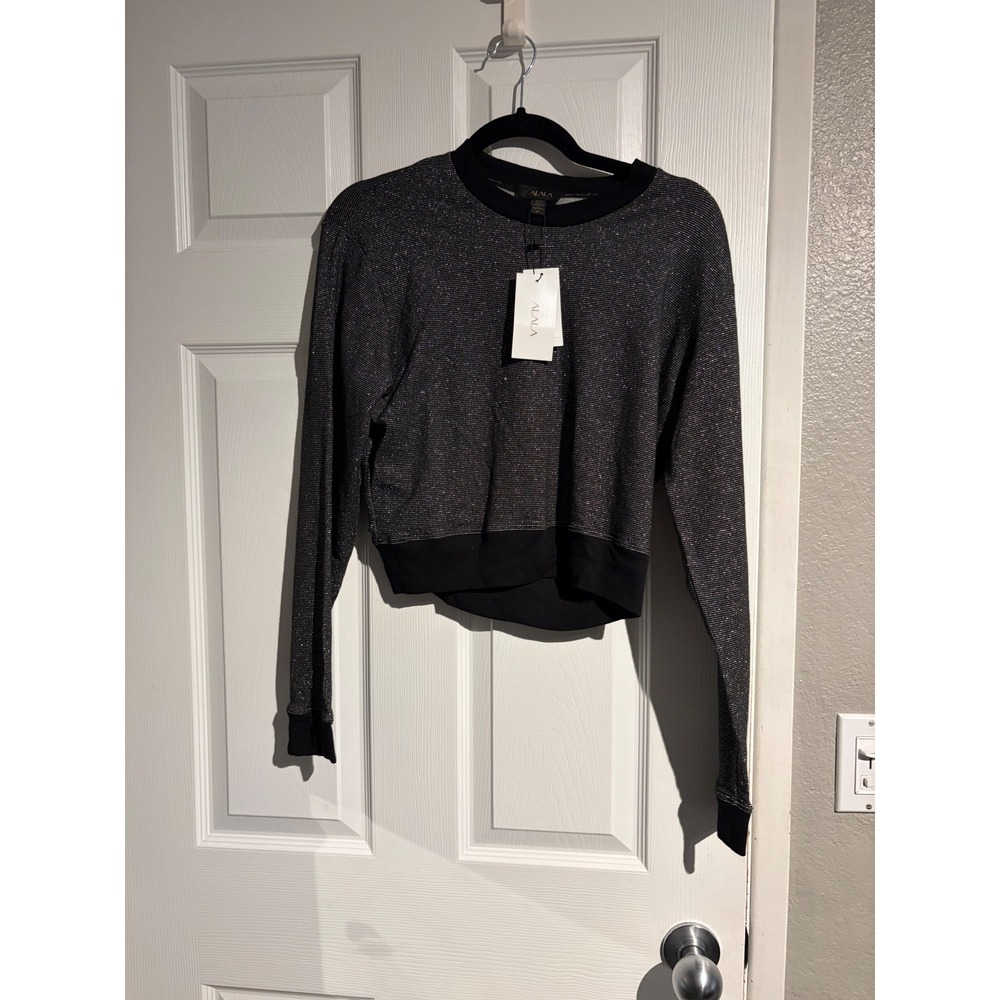 Alala Sterling Metallic Cropped Sweatshirt Top Silver Black Size XS F19-TO96 New